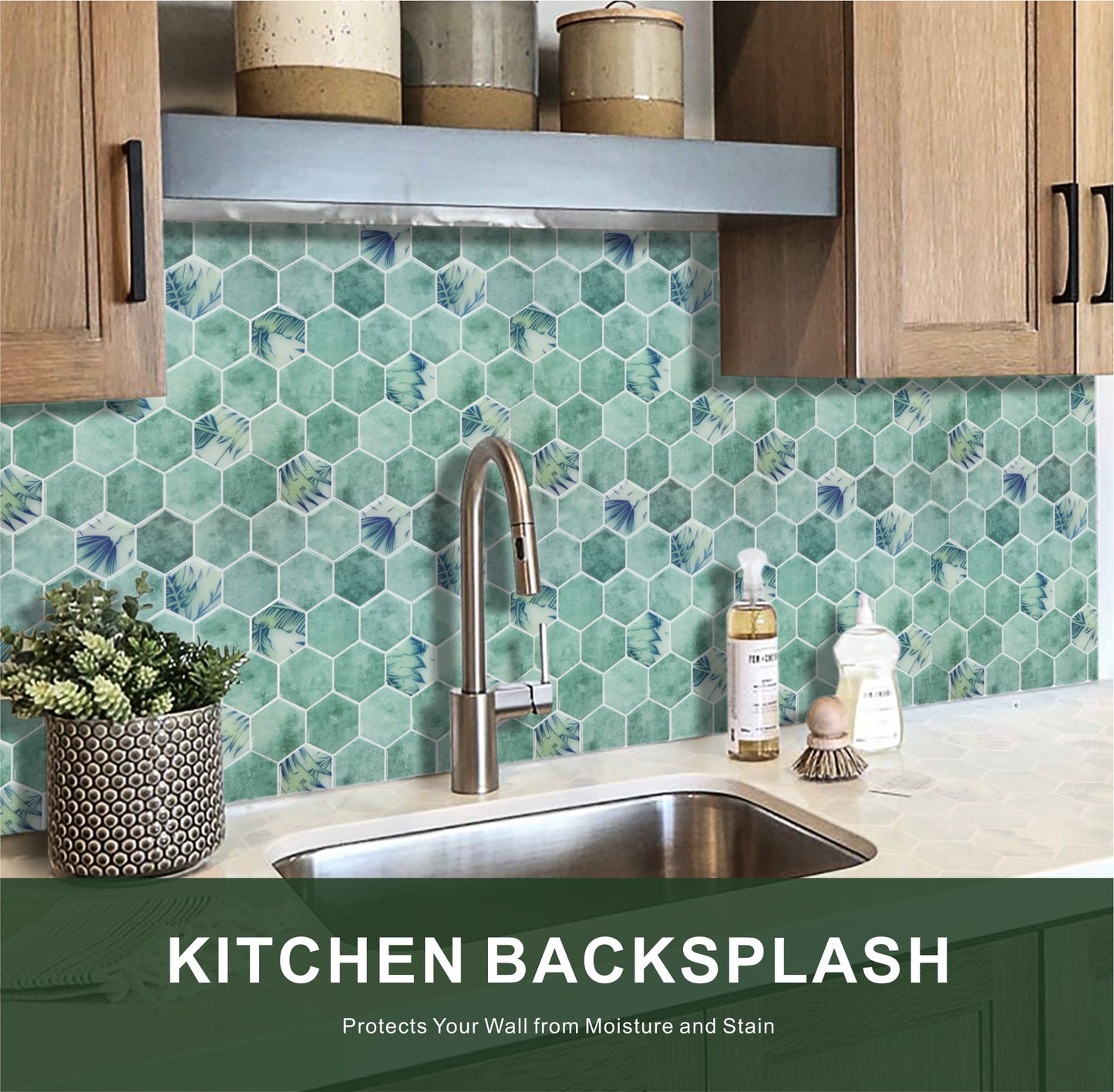 3D Green Hexagon Peel and Stick Backsplash Wall Tile