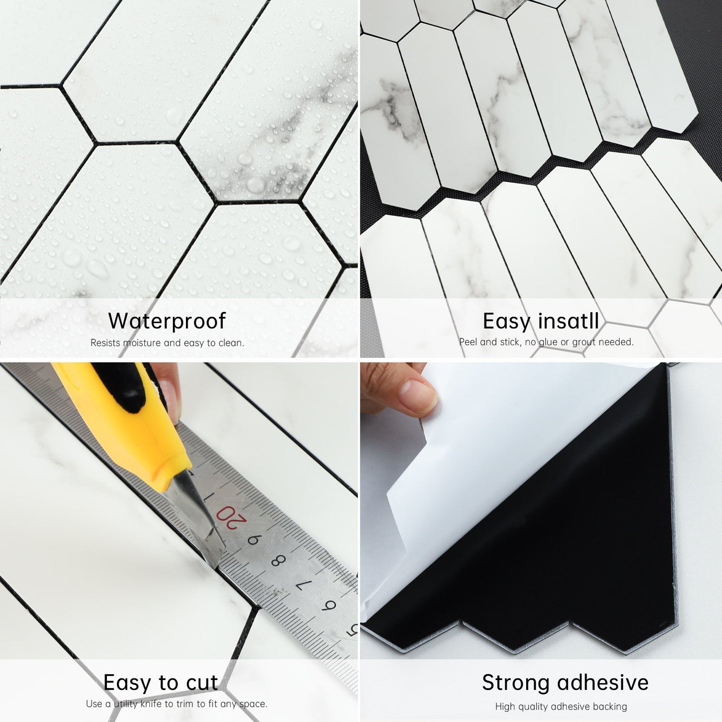 White Long Stone Hexagon Peel and Stick Backsplash Tile