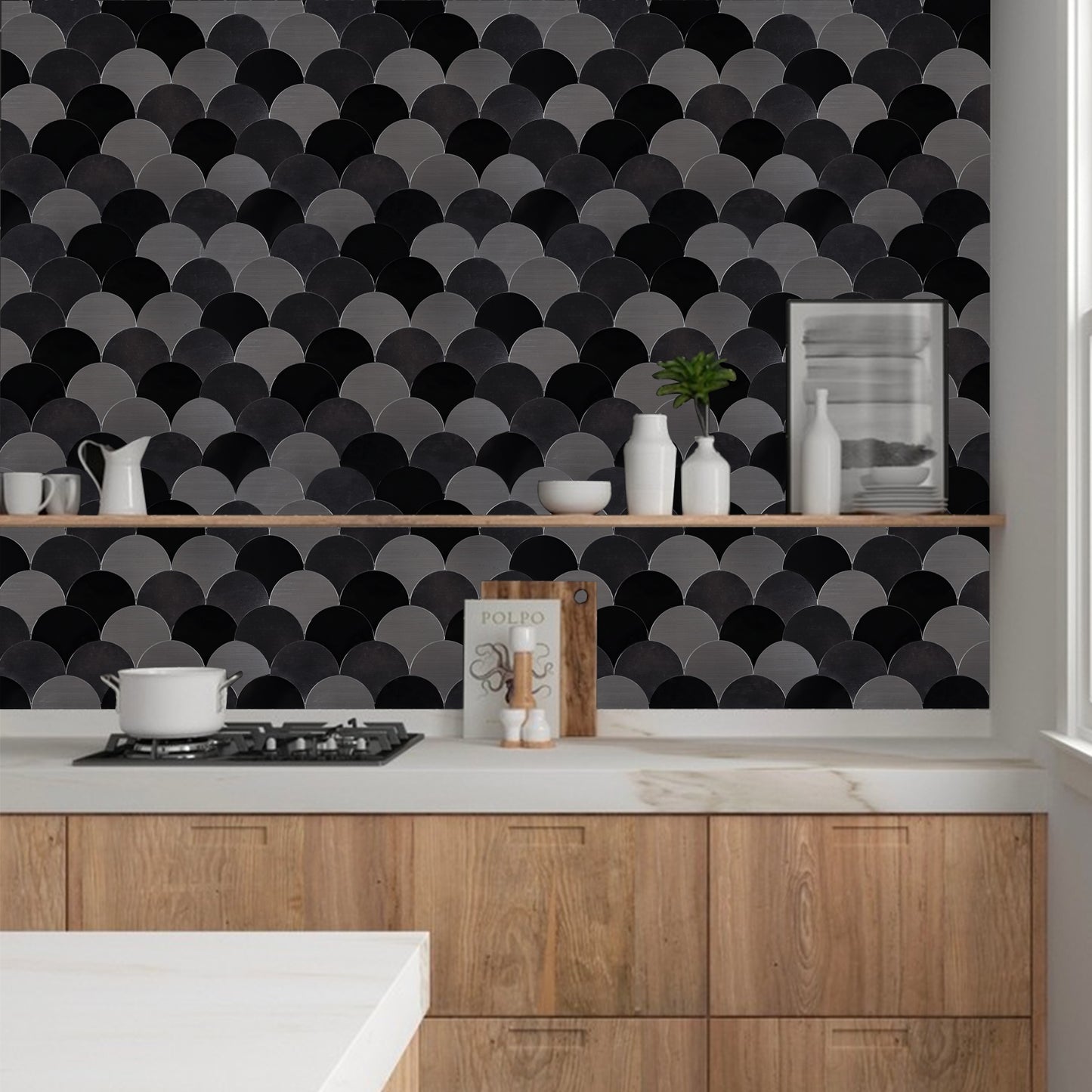 Fish Scale Black Peel and Stick Backsplash Wall Tile