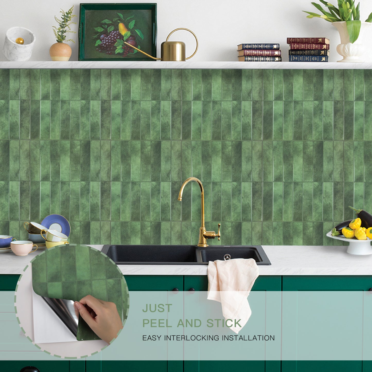 Peel and Stick Backsplash for Home Décor, Green Vinyl Wall Tiles Stick On Backsplash for Kitchen, Bathroom(10-Pack)