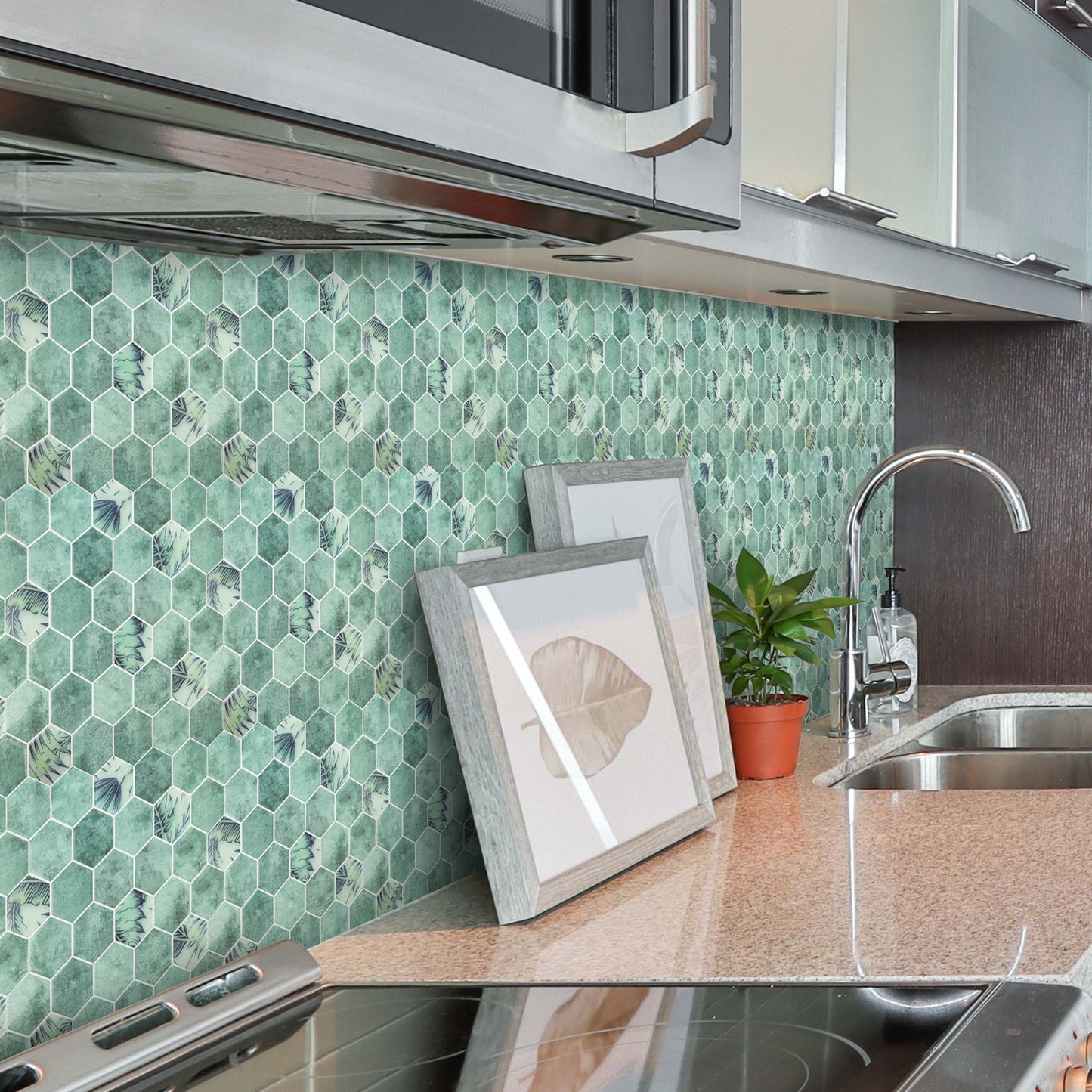 3D Green Hexagon Peel and Stick Backsplash Wall Tile