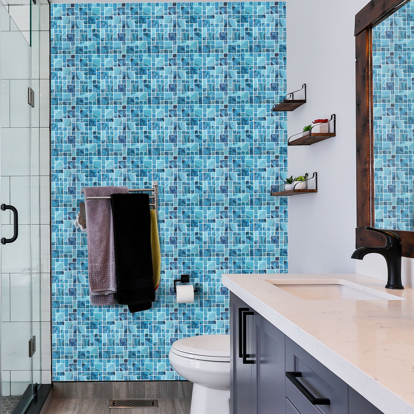 3D Blue Square Peel and Stick Backsplash Wall Tile