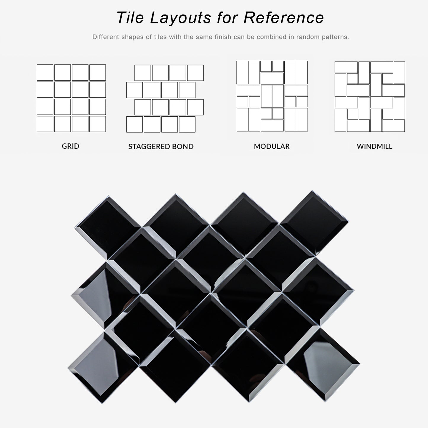 Diamond Grade Glass Mirror Beveled Subway Peel and Stick Backsplash Wall Tile