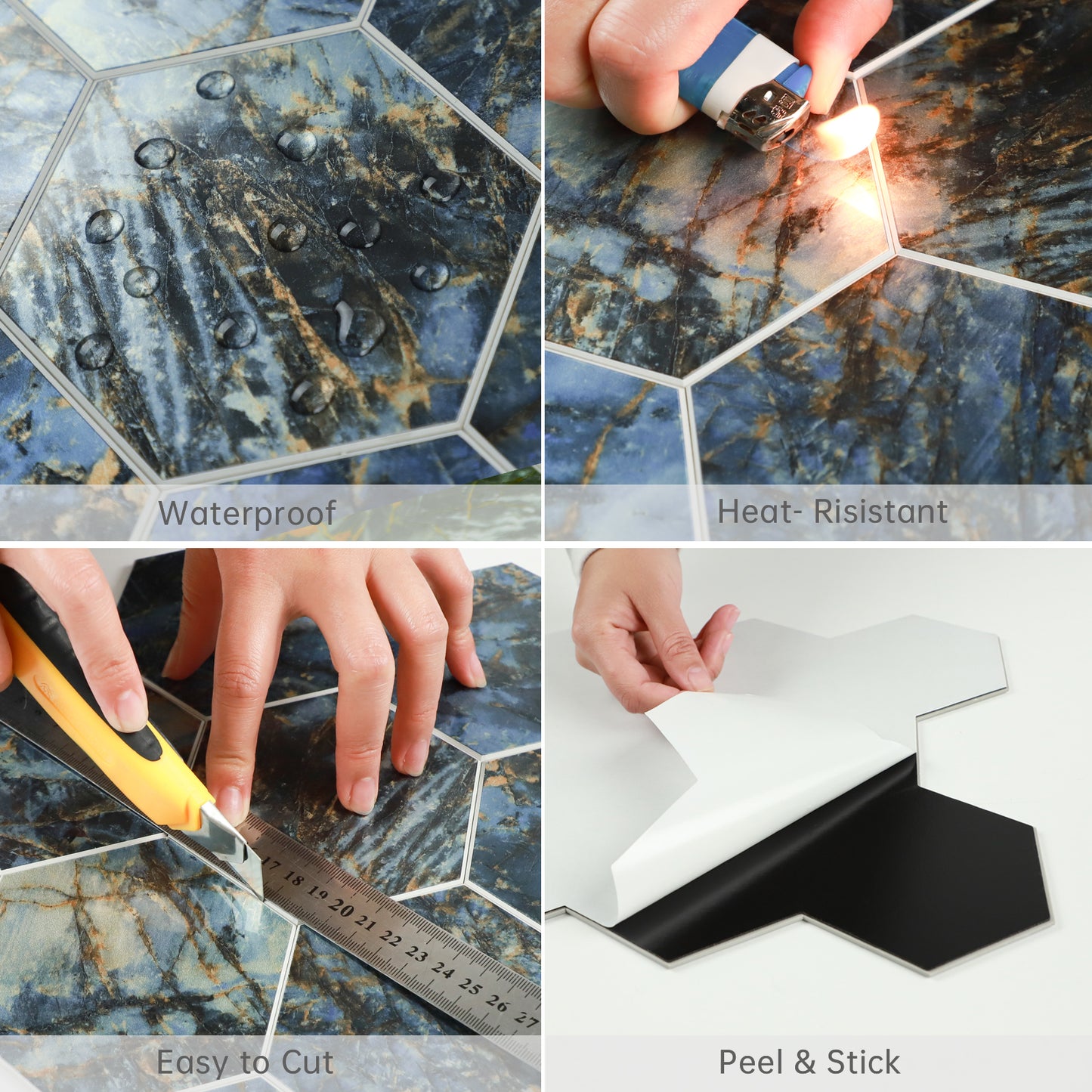 3D Blue Marble Hexagon Peel and Stick Wall Tile