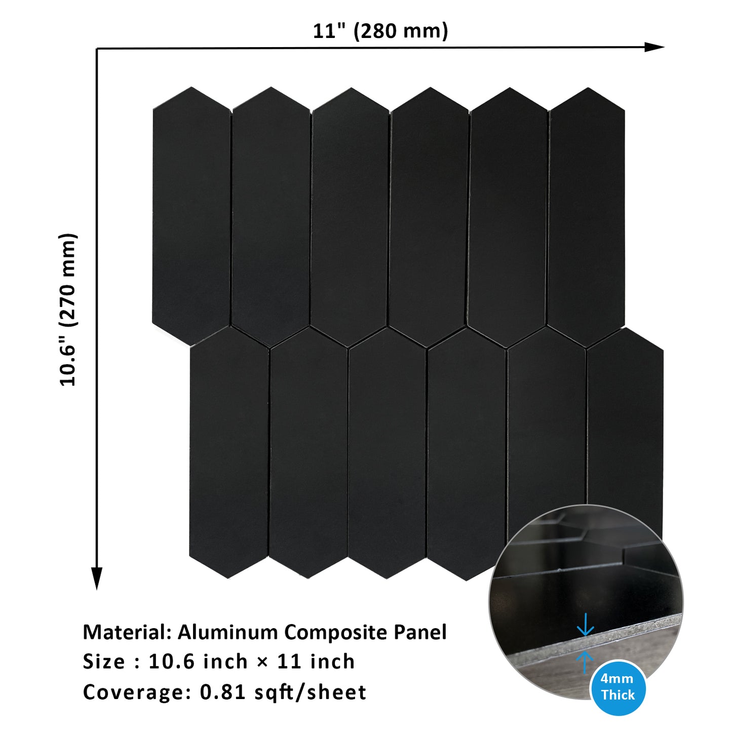Black Long Hexagon Peel and Stick Backsplash Tile