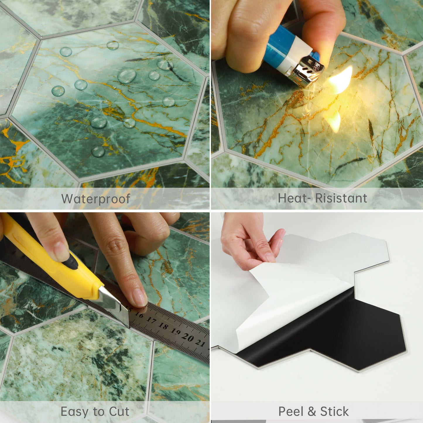 3D Green Marble Hexagon Peel and Stick Wall Tile