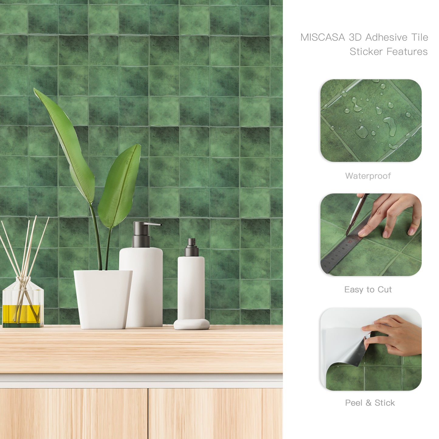 3D Green Faux Spanish Handmade Peel and Stick Backsplash Wall Tile