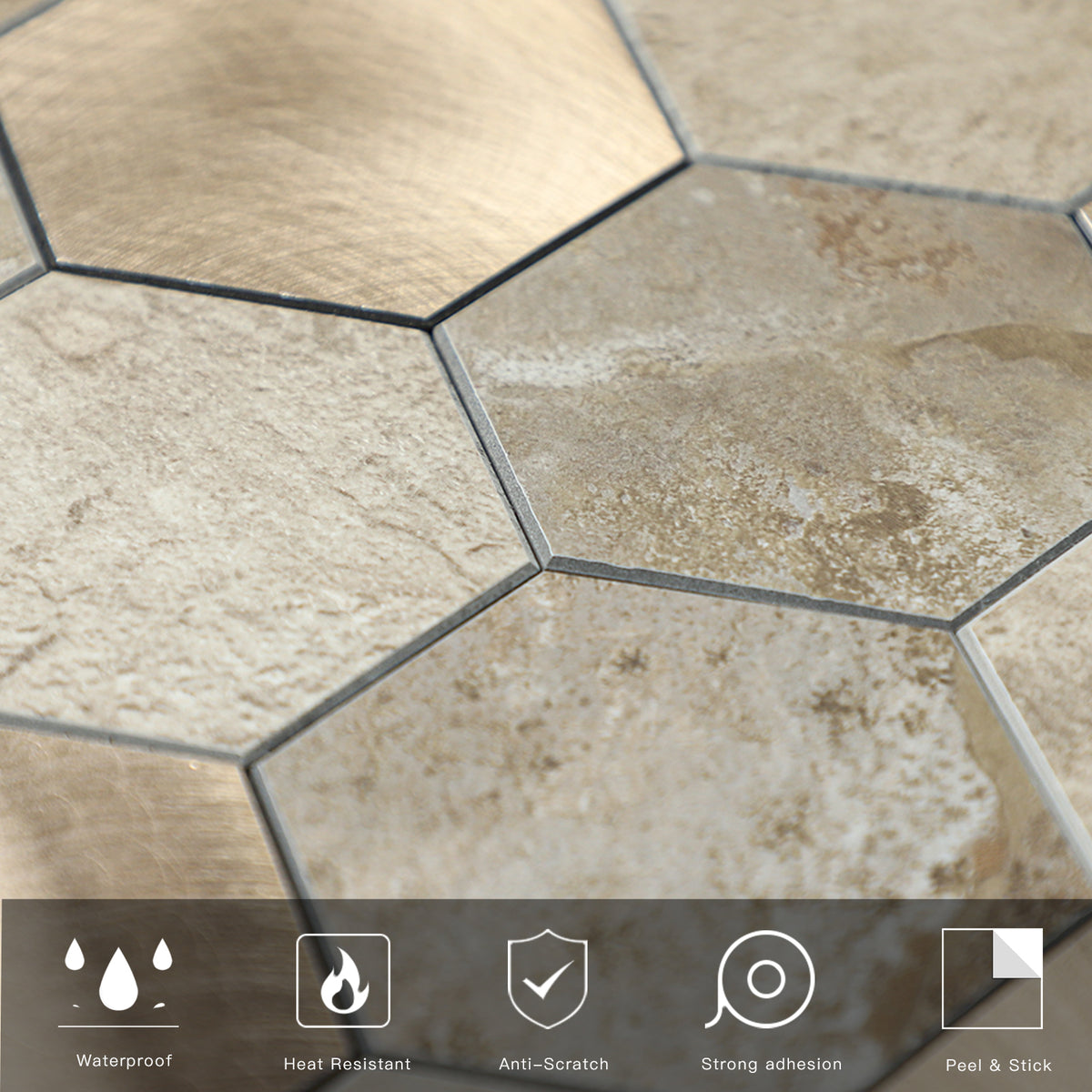 Stone Hexagon Peel and Stick Backsplash Tile for Kitchen, Bathroom & Fireplace