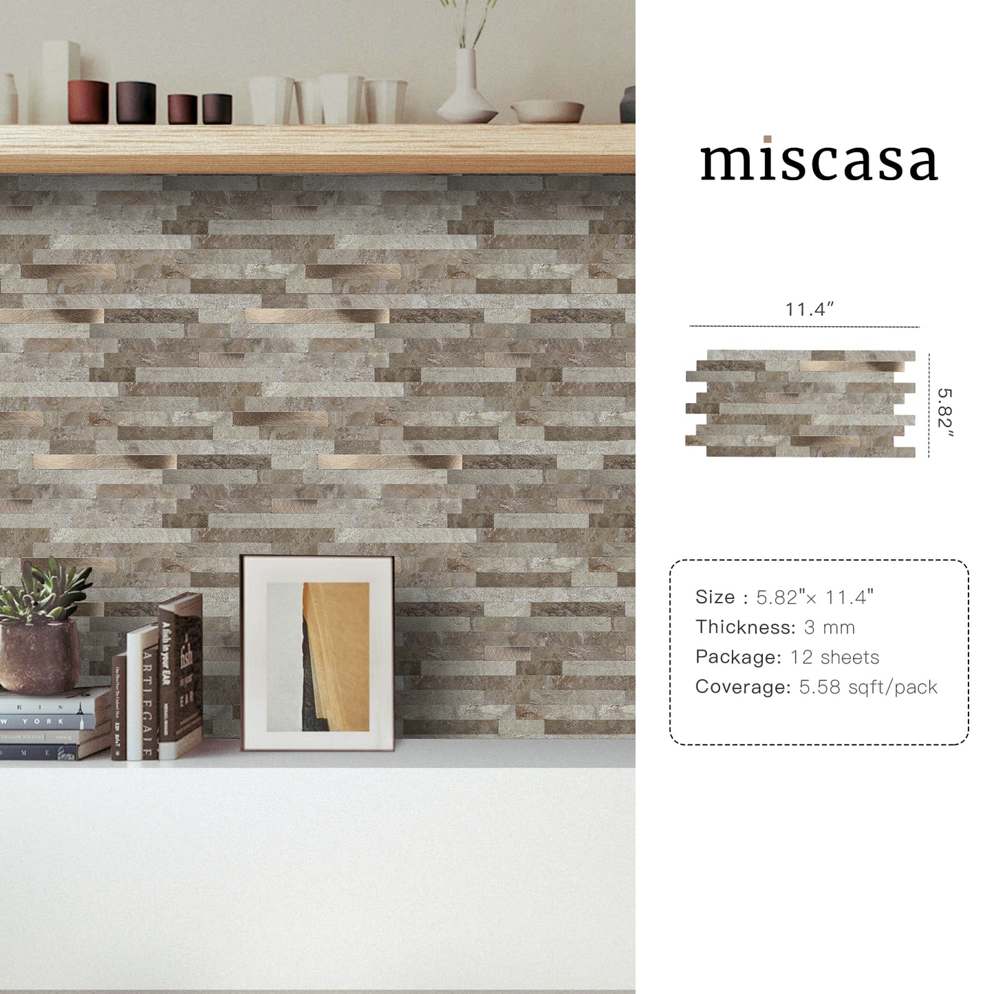 Miscasa Peel and Stick Backsplash – Ecru Slate Faux Stone Wall Tiles（12-Sheet）