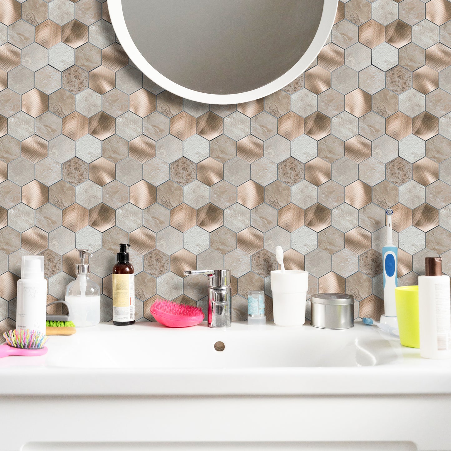 Stone Hexagon Peel and Stick Backsplash Tile for Kitchen, Bathroom & Fireplace