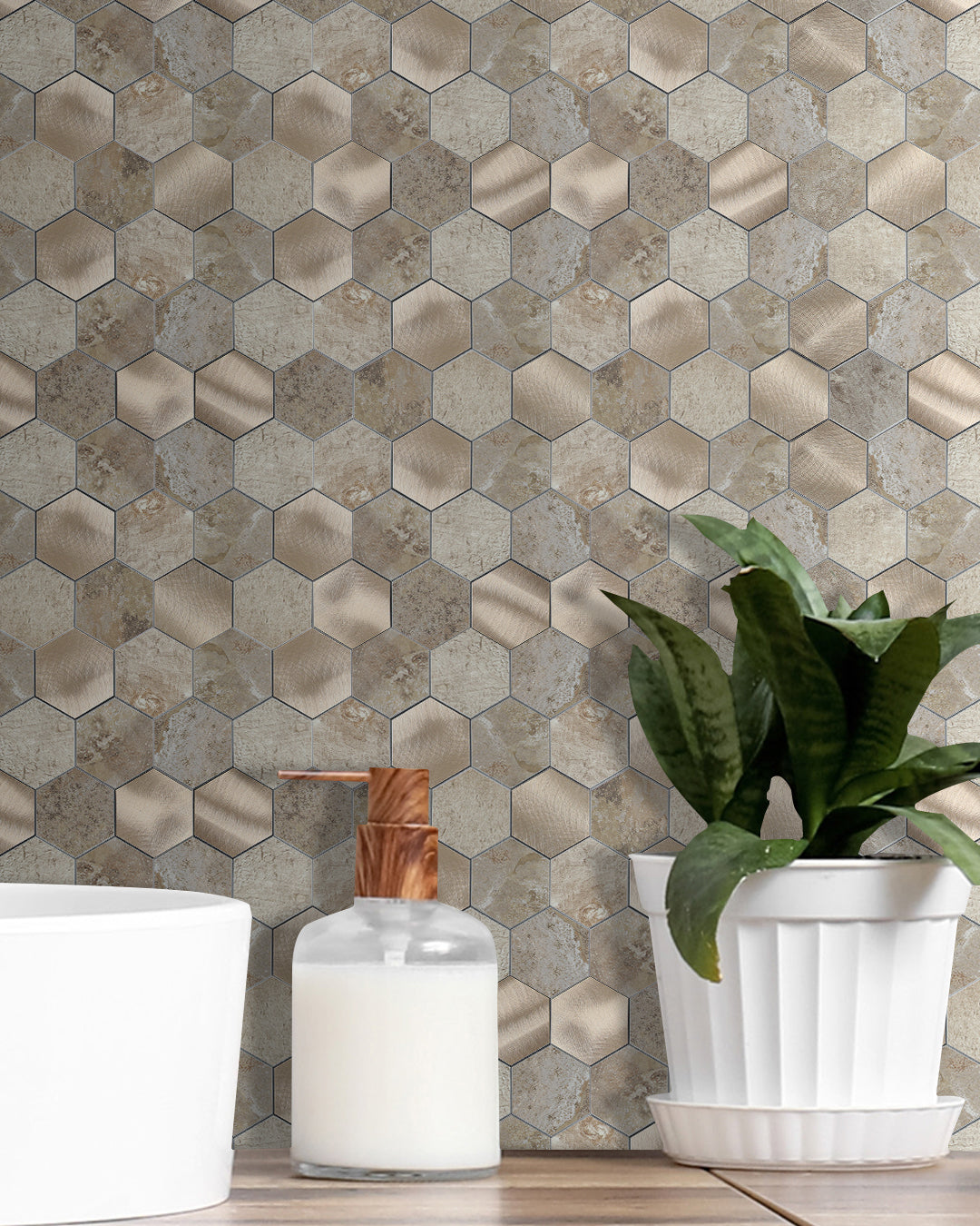 Stone Hexagon Peel and Stick Backsplash Tile for Kitchen, Bathroom & Fireplace