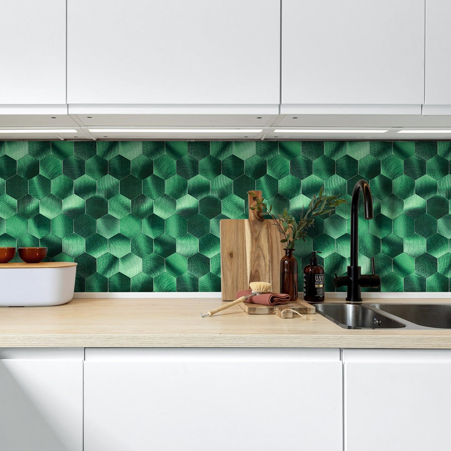 Green Hexagon Peel and Stick Metal Tile – DIY Kitchen Backsplash Wall Panels