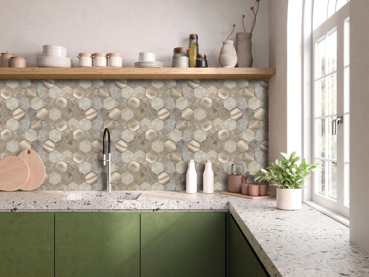Stone Hexagon Peel and Stick Backsplash Tile for Kitchen, Bathroom & Fireplace