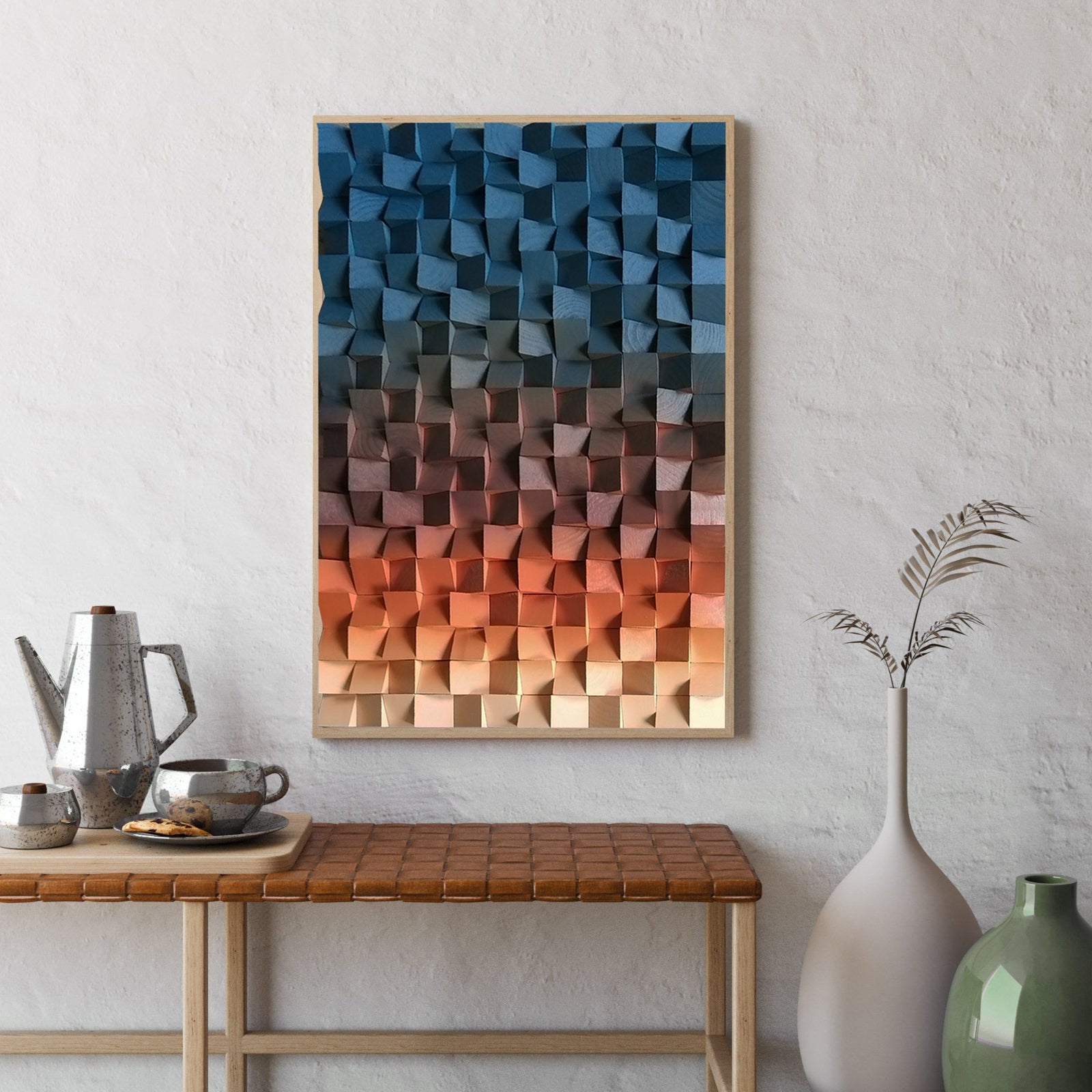 Geometric Acoustic Wood Wall Art – Blue Soundproof Panel for Modern Decor
