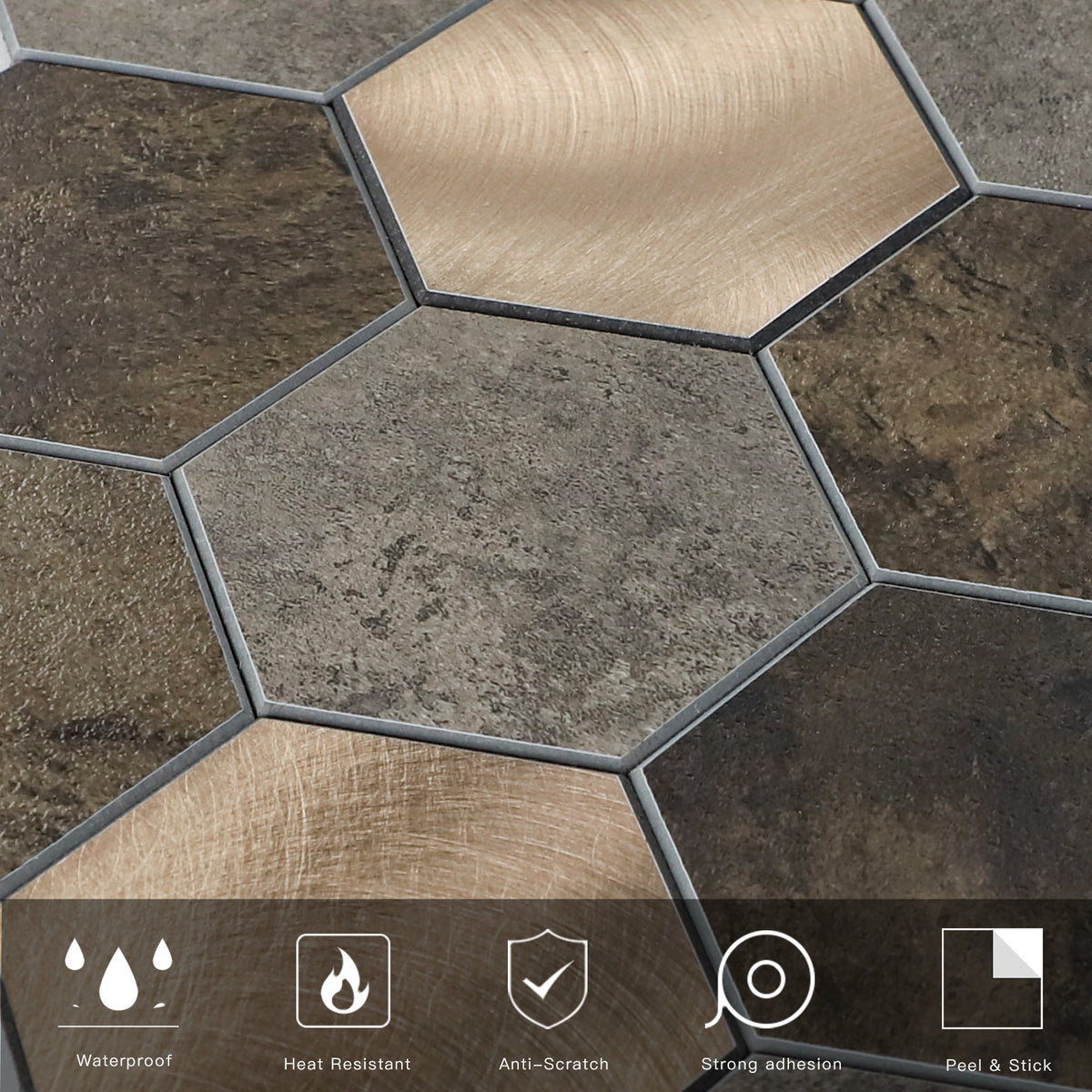 Hexagon Peel and Stick Backsplash for Kitchen Wall, 6 Sheets Brown Stone Rock Self- Adhesive Stick on Backsplash PVC Wall Tiles for Bathroom