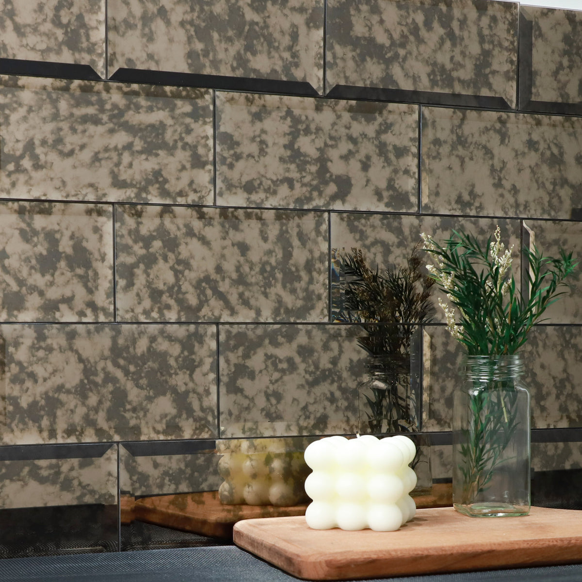 Antique Brown Mirror Beveled Subway  Peel and Stick Backsplash Wall Tile