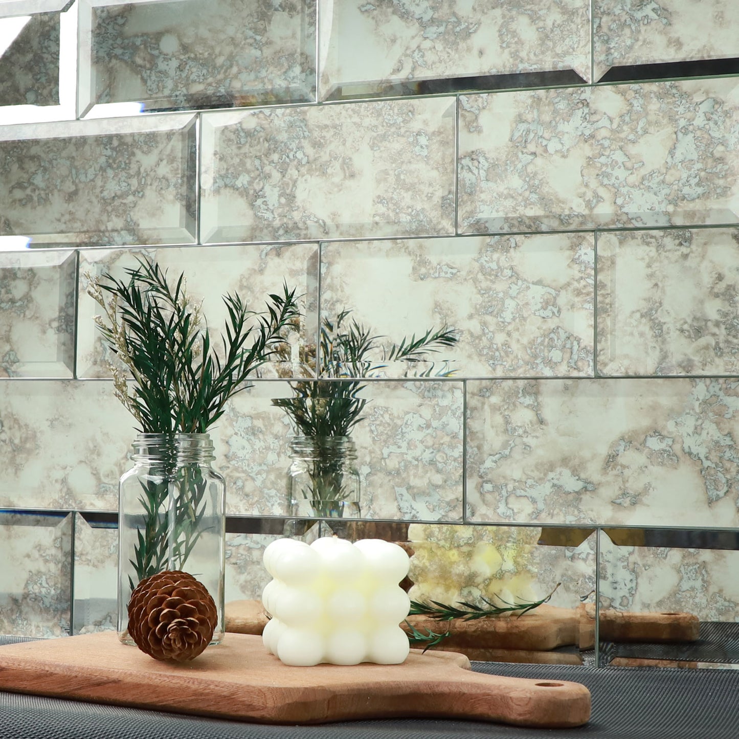 Antique Silver Mirror Beveled Subway  Peel and Stick Backsplash Wall Tile