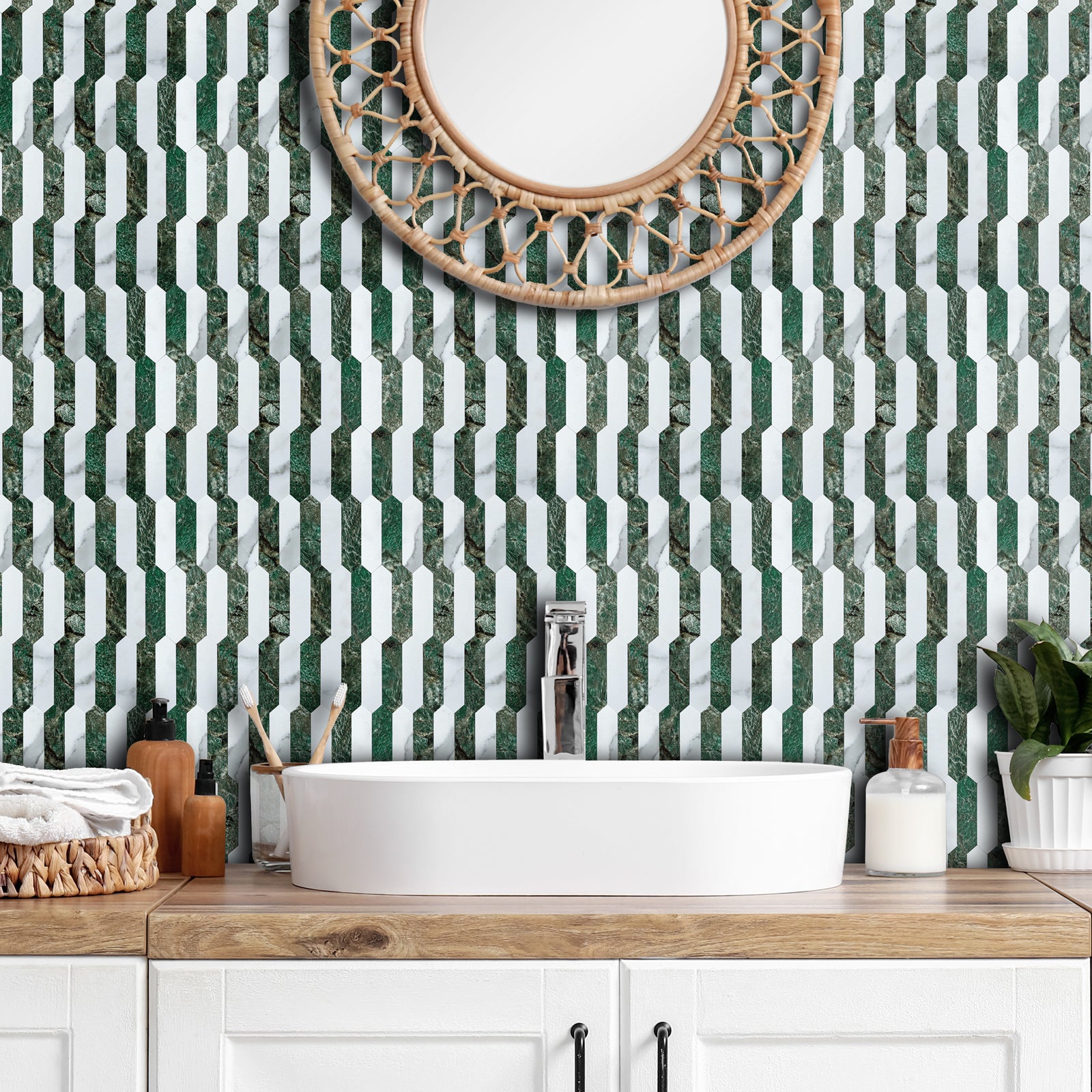 Long Green Hexaon Peel and Stick Backsplash Tile