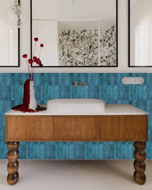 3D Blue Linear Mosaic Peel and Stick Wall Tile