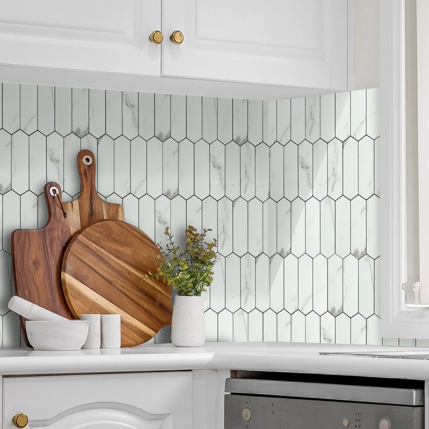 White Long Stone Hexagon Peel and Stick Backsplash Tile