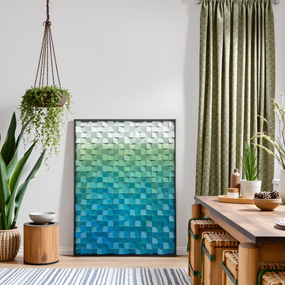 Geometric Acoustic Wood Wall Art –Sea Blue Soundproof Panel for Modern Decor