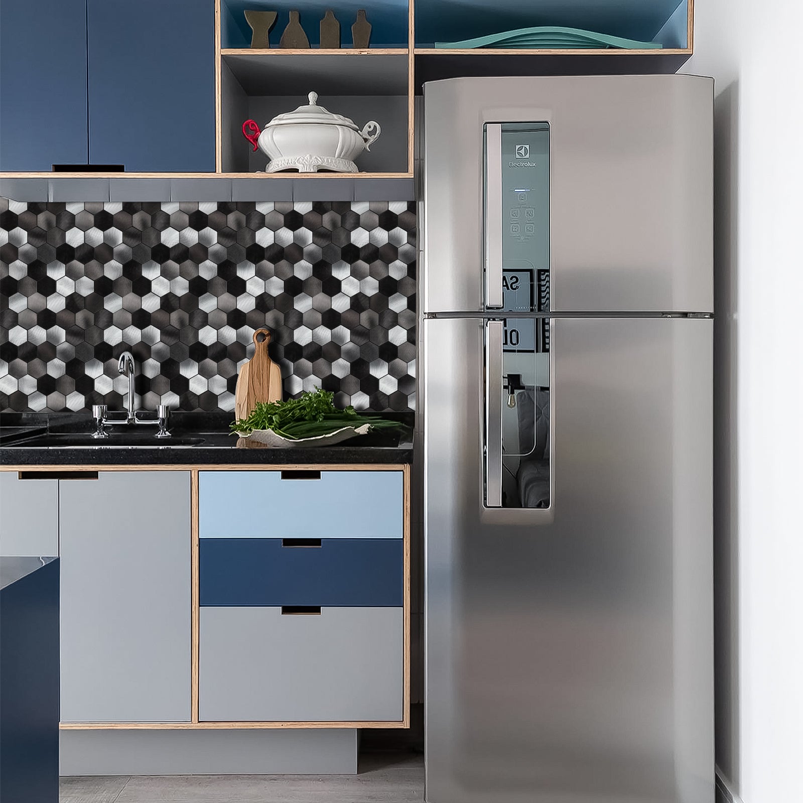 Mix Black Hexagon Aluminum Peel and Stick Wall Tile