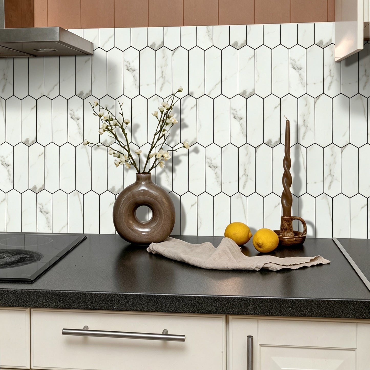 White Long Stone Hexagon Peel and Stick Backsplash Tile