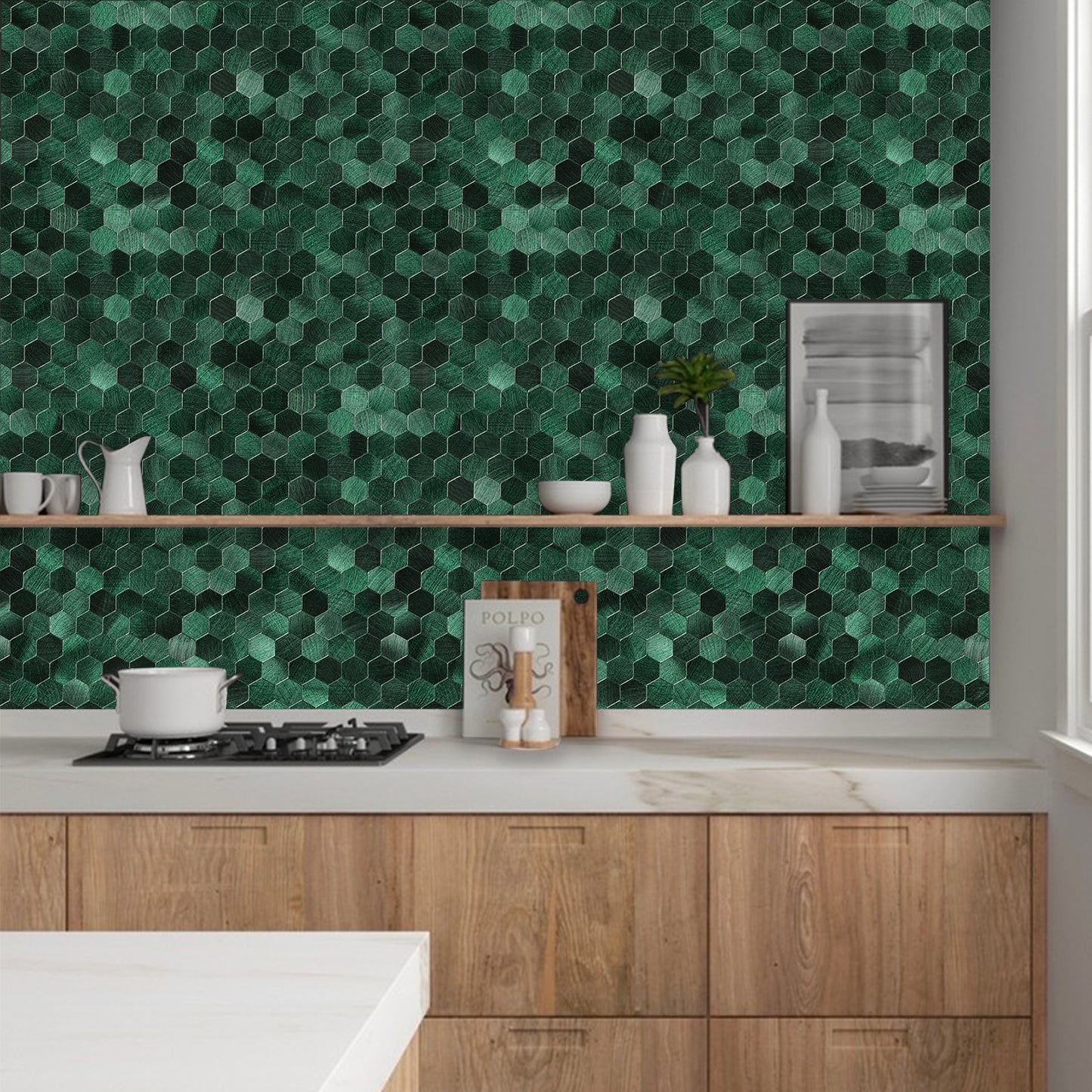 Peel and Stick Green Hexagon Metal  Wall Tile – DIY Kitchen Backsplash Wall Panels