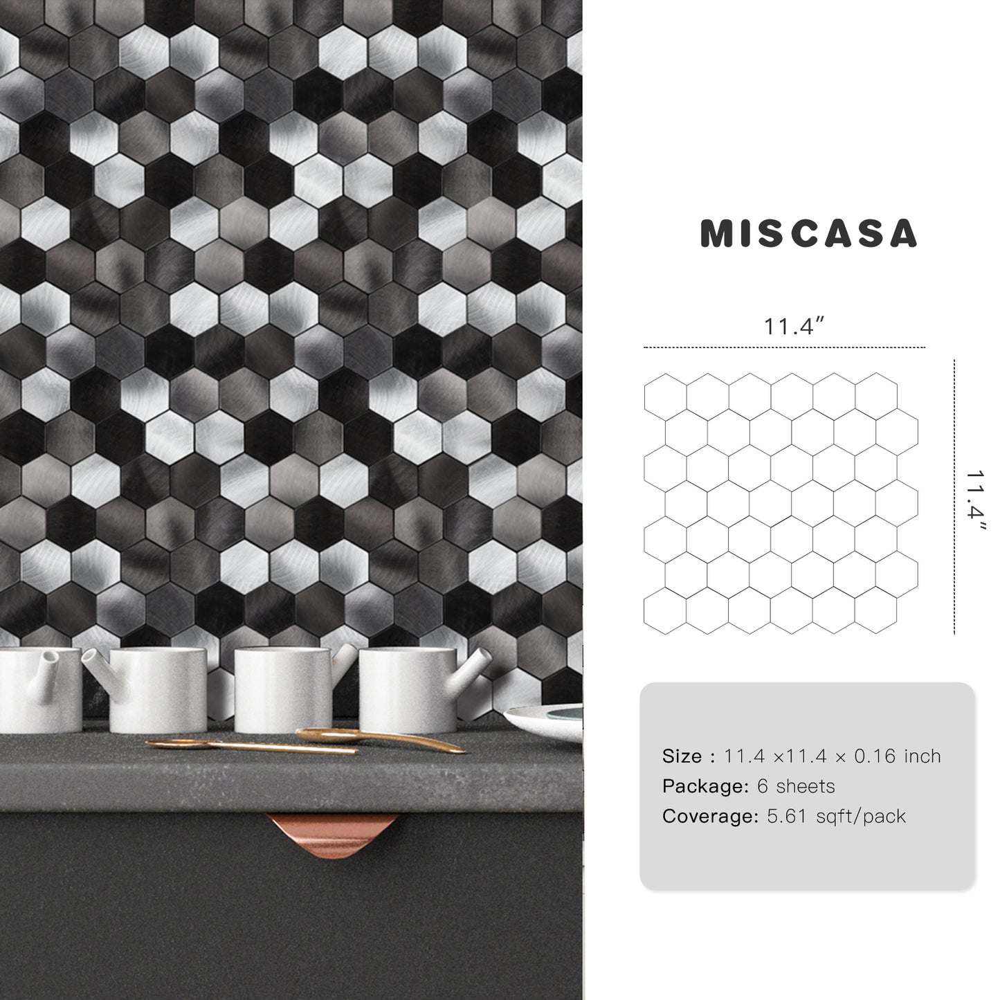 Mix Black Hexagon Aluminum Peel and Stick Wall Tile