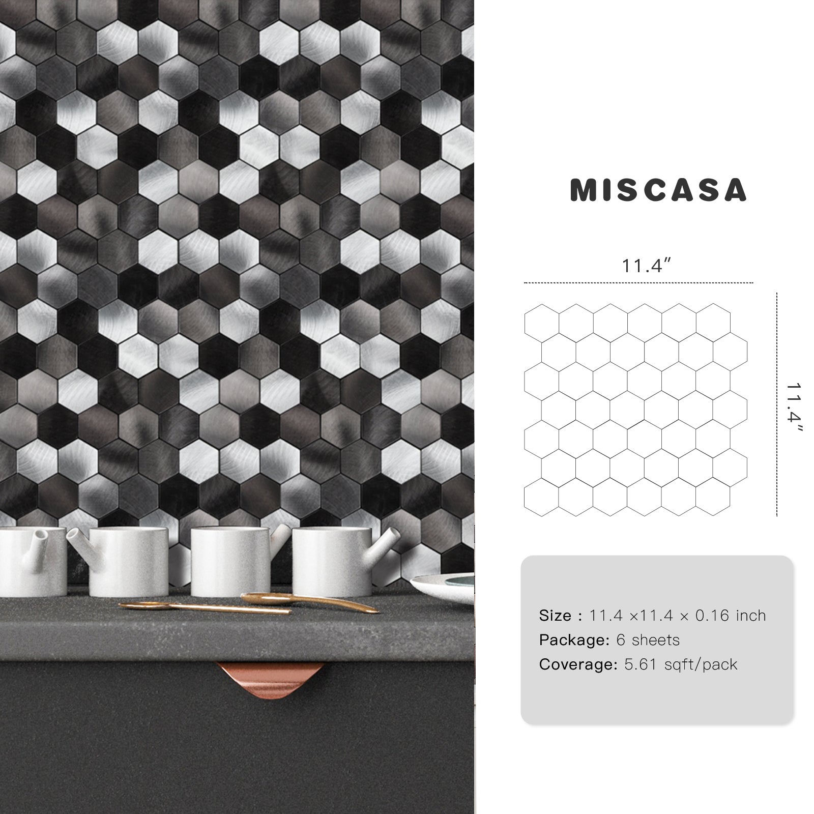 Mix Black Hexagon Aluminum Peel and Stick Wall Tile