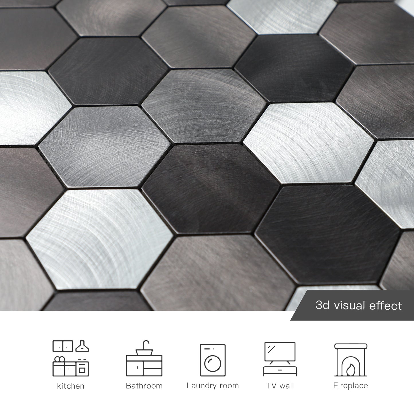 Mix Black Hexagon Aluminum Peel and Stick Wall Tile