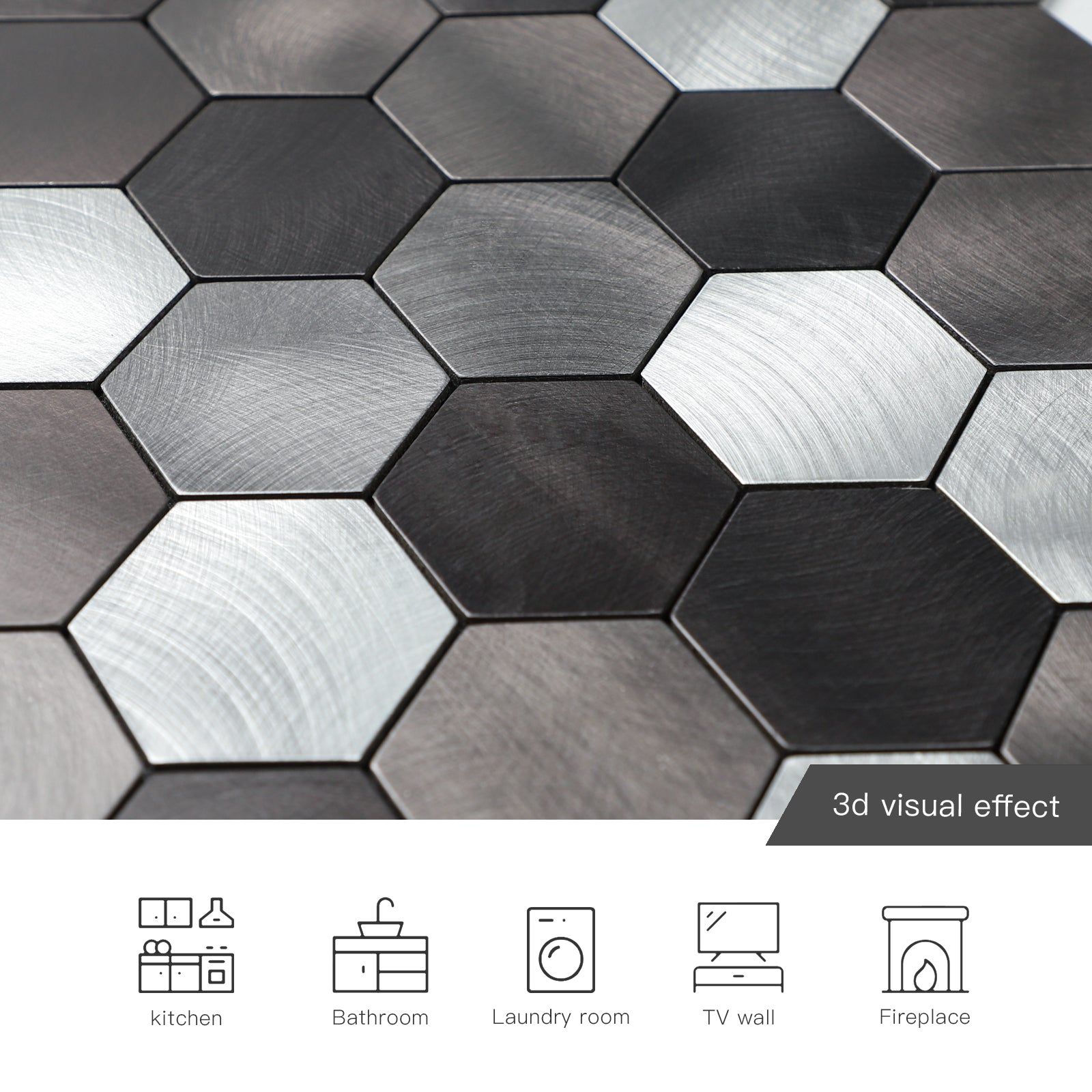 Mix Black Hexagon Aluminum Peel and Stick Wall Tile