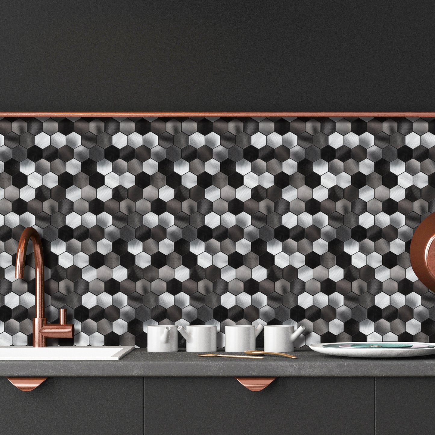 Mix Black Hexagon Aluminum Peel and Stick Wall Tile