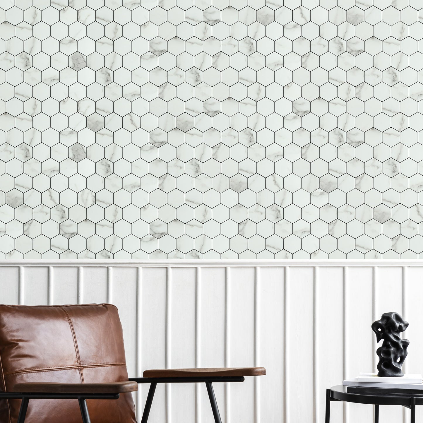 White Stone Hexagon Peel and Stick Backsplash Tile