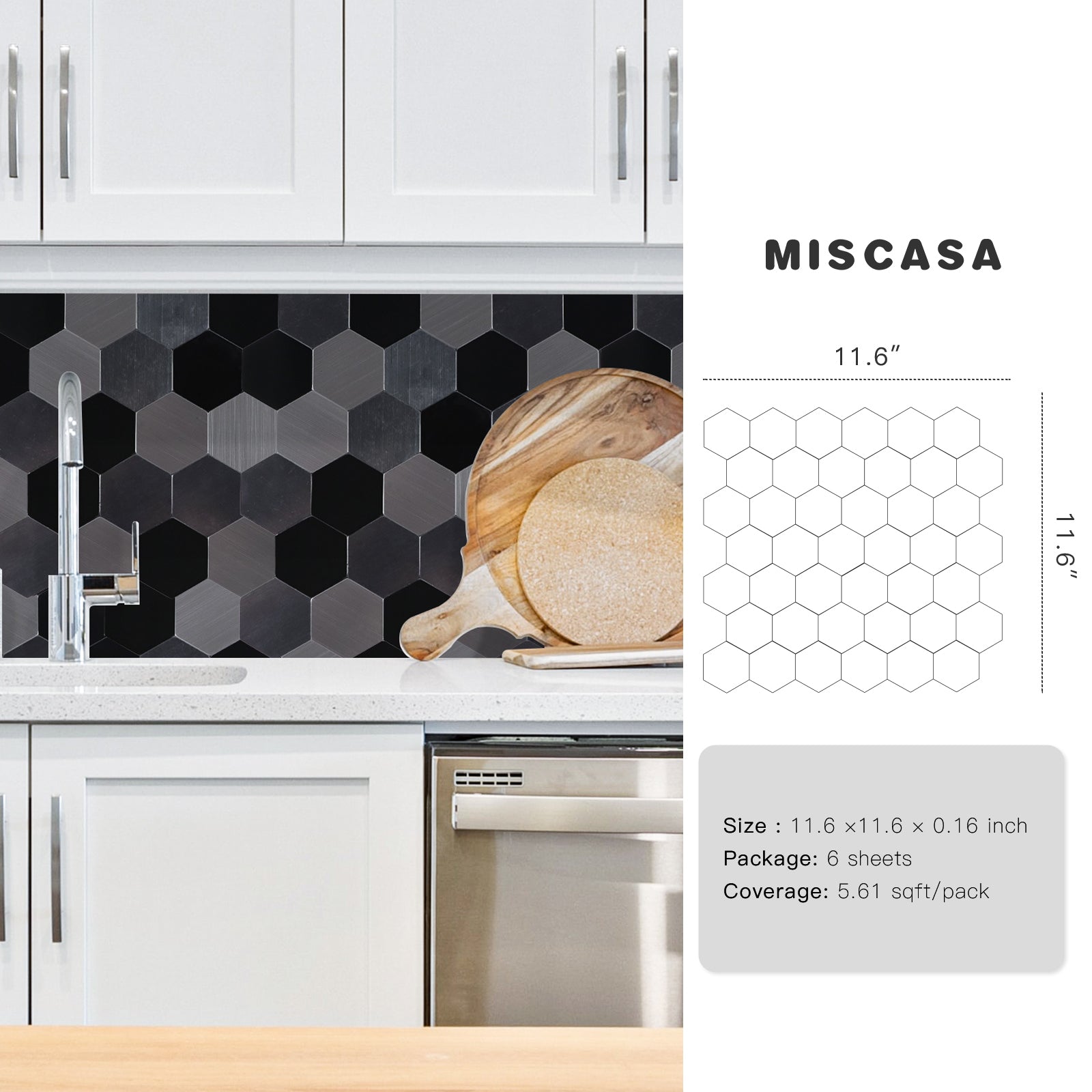 Black Hexagon Aluminum Peel and Stick Wall Tile