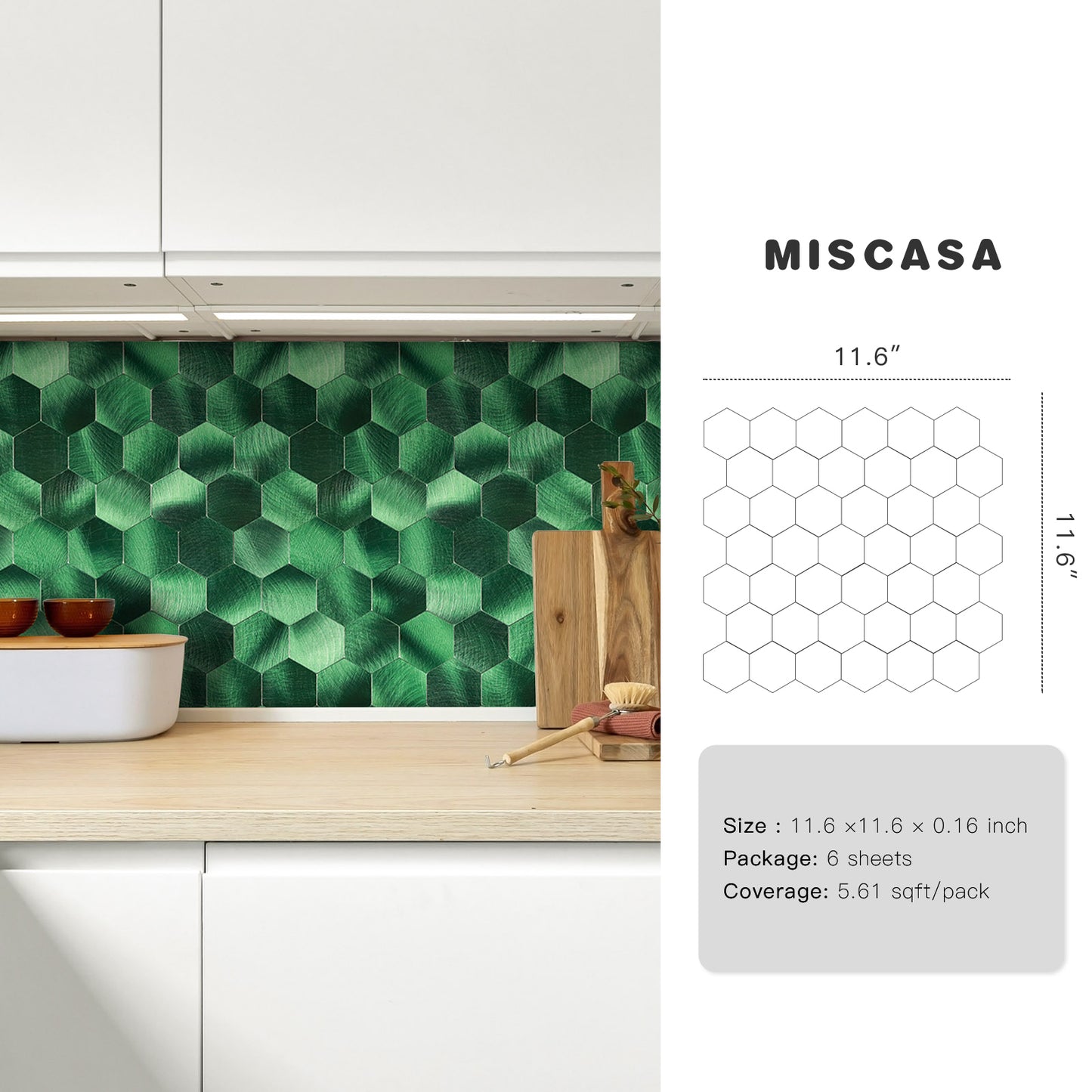 Green Hexagon Peel and Stick Metal Tile – DIY Kitchen Backsplash Wall Panels