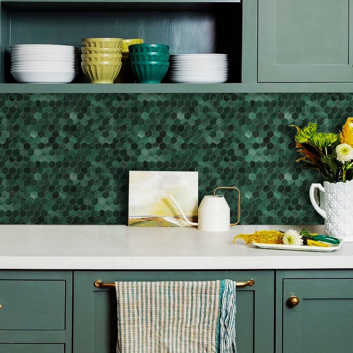 Peel and Stick Green Hexagon Metal  Wall Tile – DIY Kitchen Backsplash Wall Panels