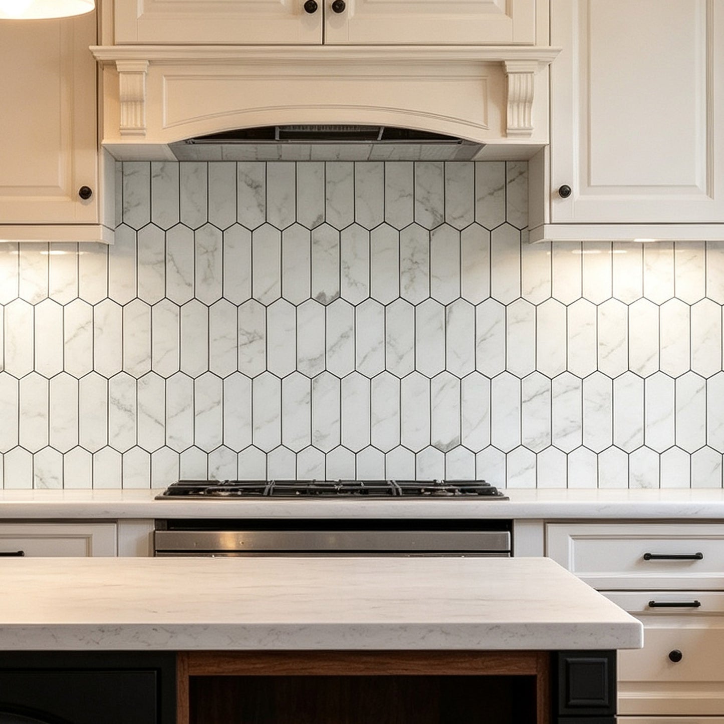 White Long Stone Hexagon Peel and Stick Backsplash Tile