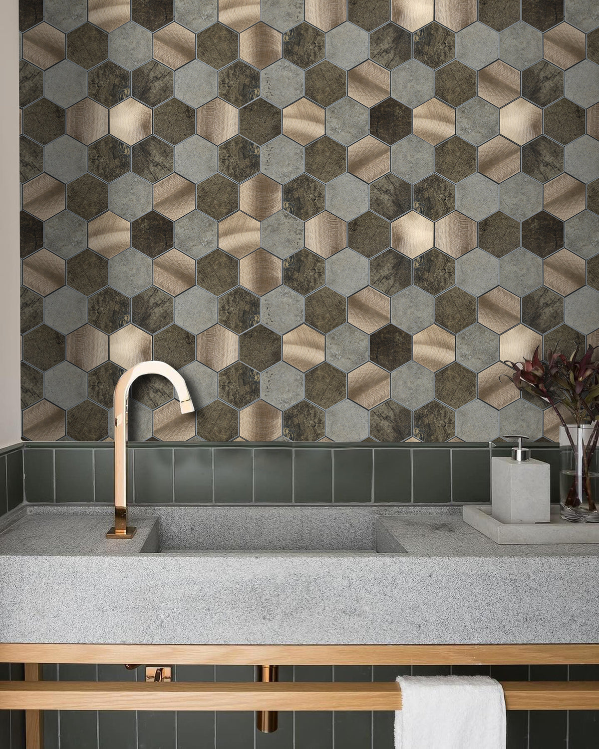 Hexagon Peel and Stick Backsplash for Kitchen Wall, 6 Sheets Brown Stone Rock Self- Adhesive Stick on Backsplash PVC Wall Tiles for Bathroom