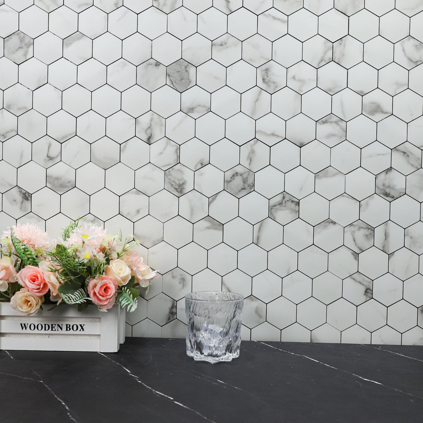 White Stone Hexagon Peel and Stick Backsplash Tile