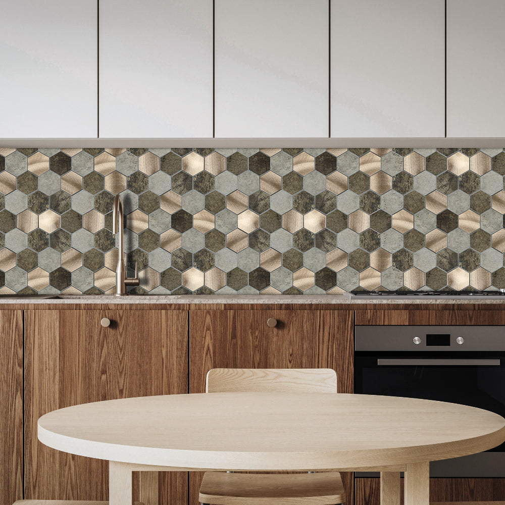 Hexagon Peel and Stick Backsplash for Kitchen Wall, 6 Sheets Brown Stone Rock Self- Adhesive Stick on Backsplash PVC Wall Tiles for Bathroom