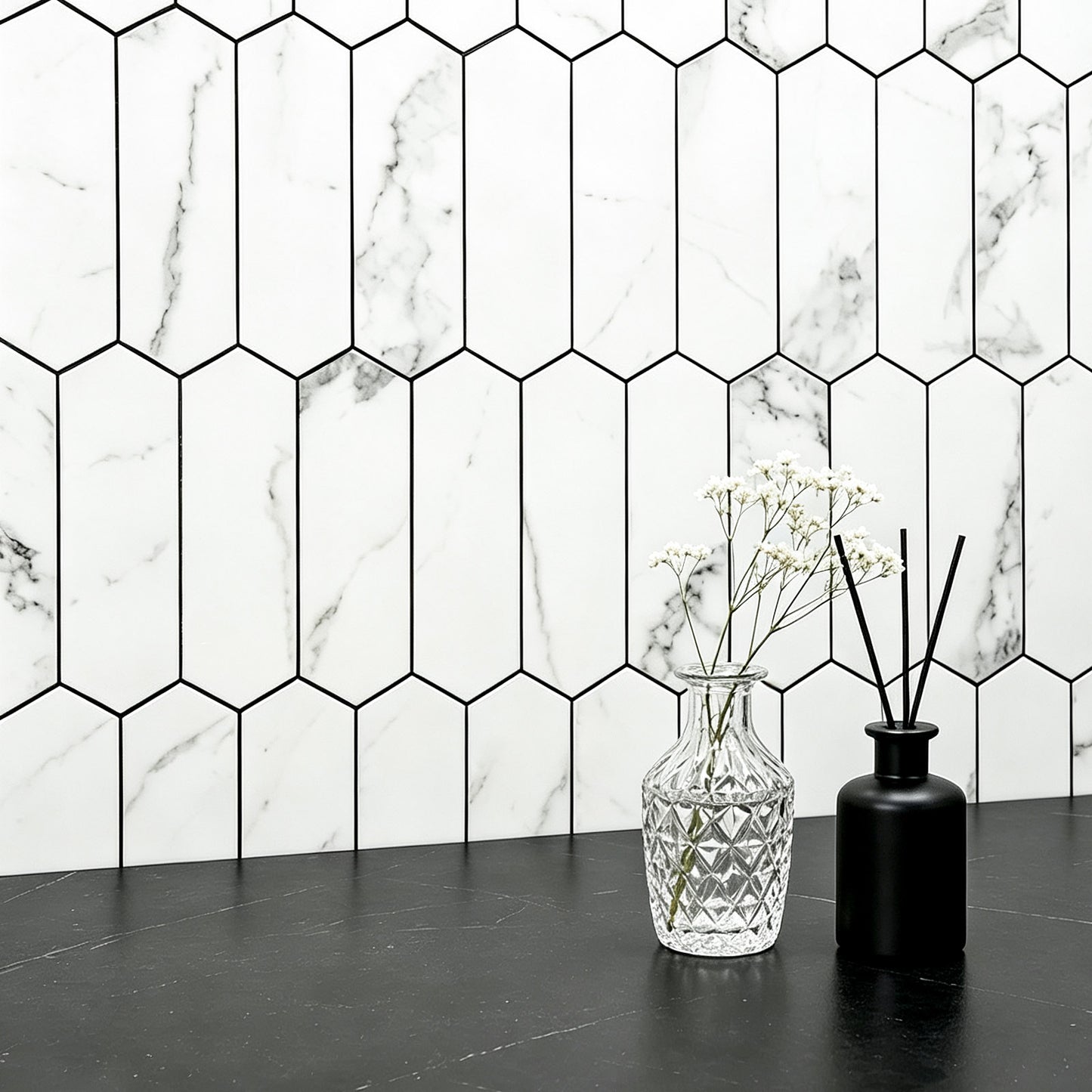 White Long Stone Hexagon Peel and Stick Backsplash Tile