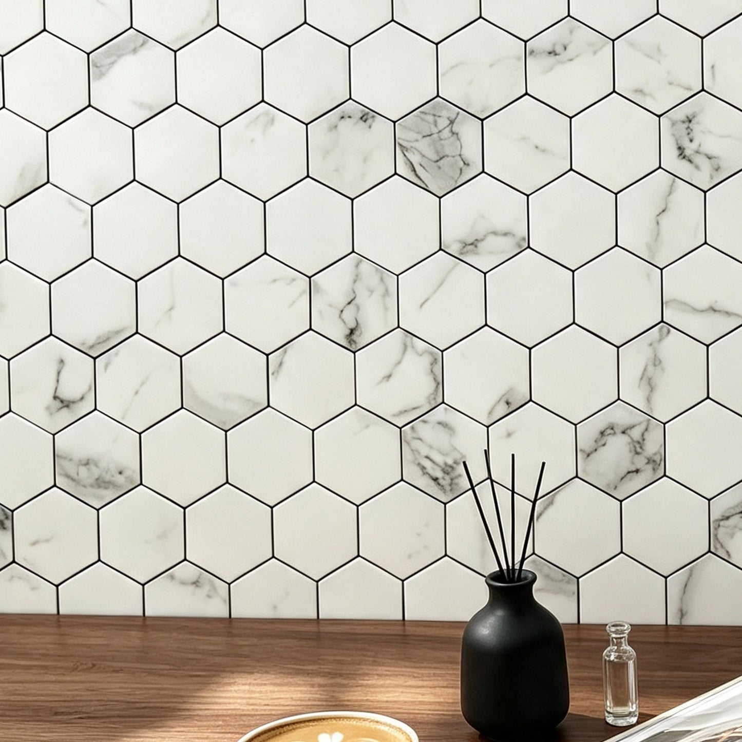 White Stone Hexagon Peel and Stick Backsplash Tile