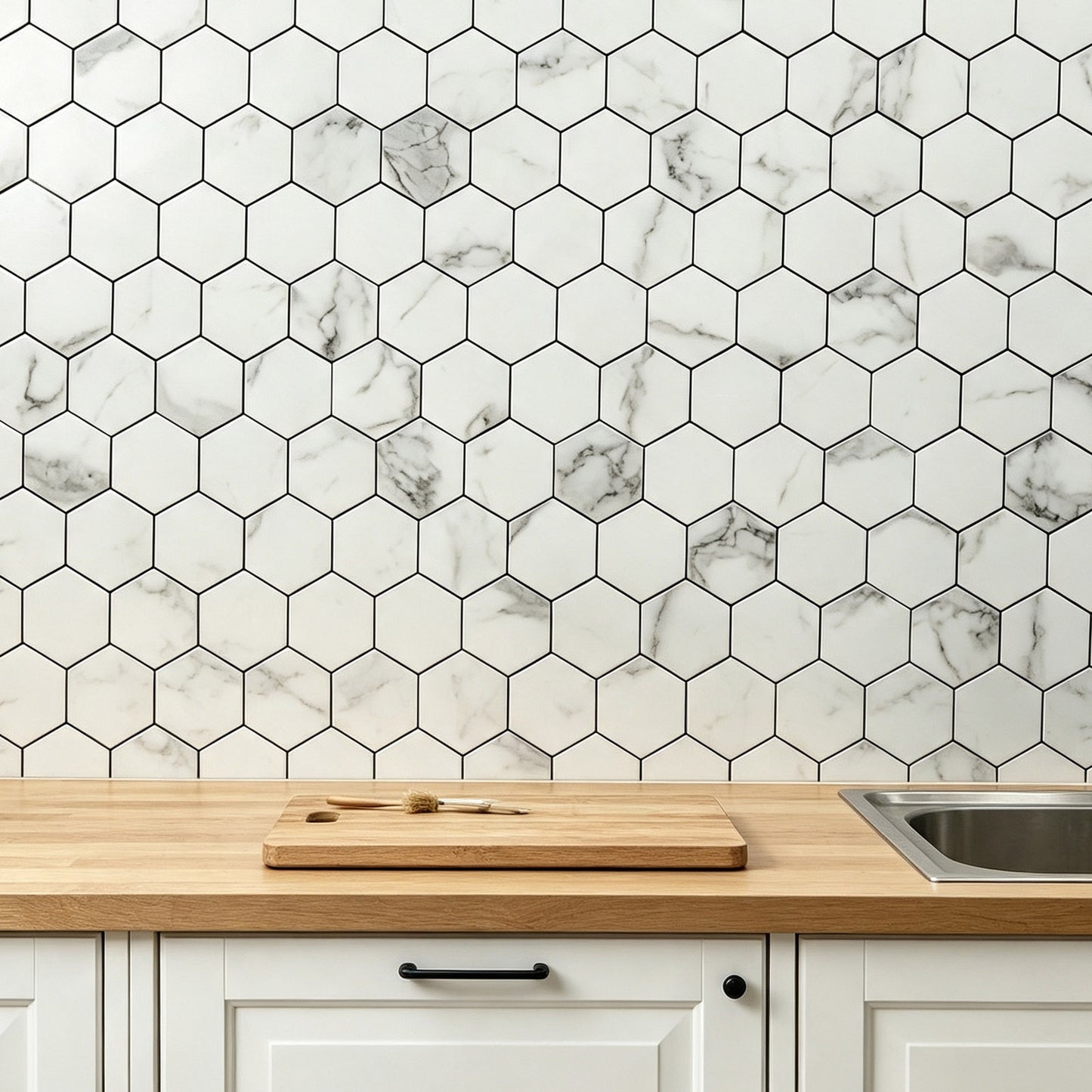White Stone Hexagon Peel and Stick Backsplash Tile