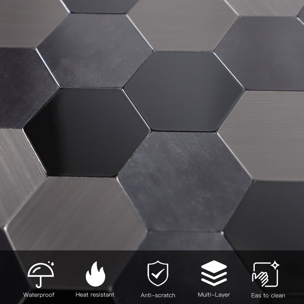 Black Hexagon Aluminum Peel and Stick Wall Tile