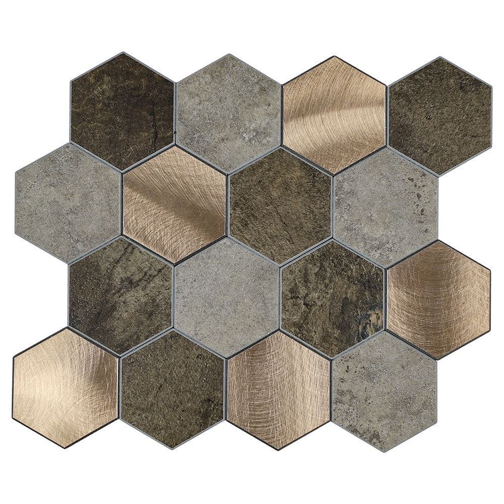 Hexagon Peel and Stick Backsplash for Kitchen Wall, 6 Sheets Brown Stone Rock Self- Adhesive Stick on Backsplash PVC Wall Tiles for Bathroom