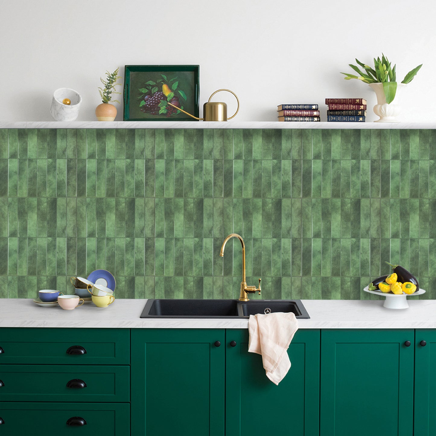 Peel and Stick Backsplash for Home Décor,  Green Vinyl  Wall Tiles Stick On Backsplash for Kitchen, Bathroom（10-Pack）