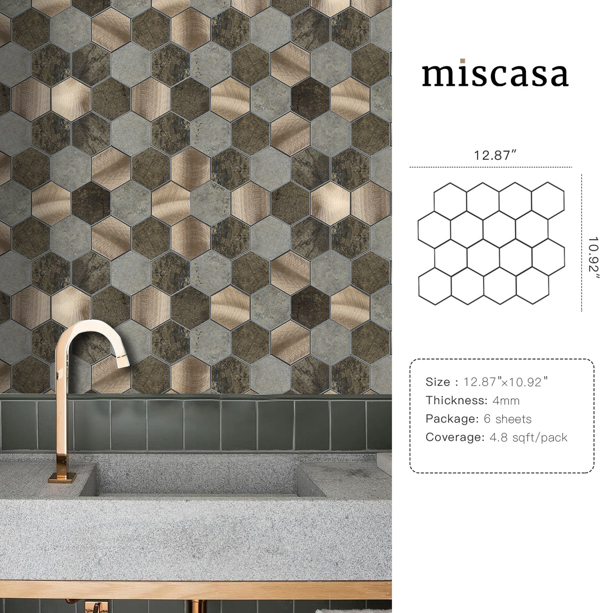 Hexagon Peel and Stick Backsplash for Kitchen Wall, 6 Sheets Brown Stone Rock Self- Adhesive Stick on Backsplash PVC Wall Tiles for Bathroom