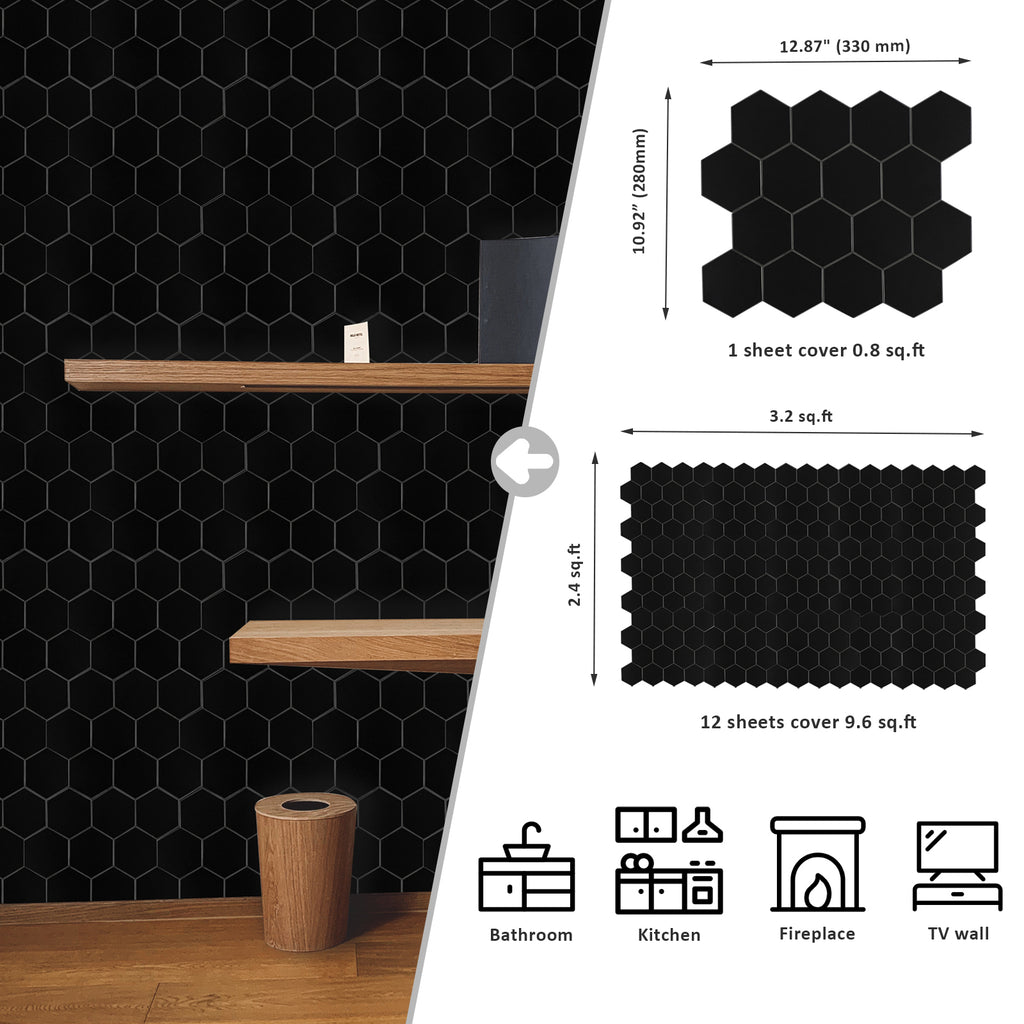 MISCASA Black Hexagon Peel and Stick Tile Backsplash-12 Sheets