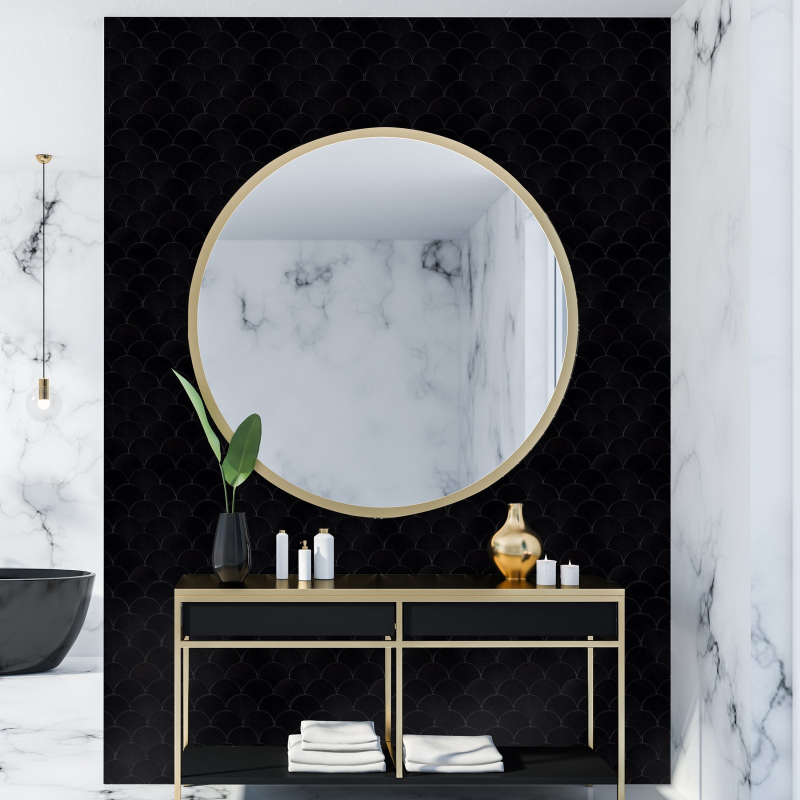 Fish Scale Black  Peel and Stick Backsplash Wall Tile